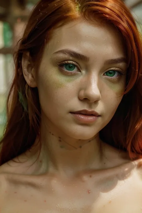 (close up portrait)) 20 year old girl, scottish japanise mix ((bright fiery red hair cascading like molten silk)), slender fit, athletic build . lightly tanned skin. (((bright green eyes))), ultra real, cinematic, high detail, ((no eyeshadow)) 