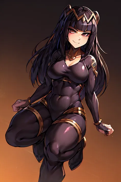 1girl,bodysuit,tattoo,cyber boots,cyber gauntlets, thigh strap,thick arms,thick legs,arm cover,evil smile, smirk,
face tattoo,ri...