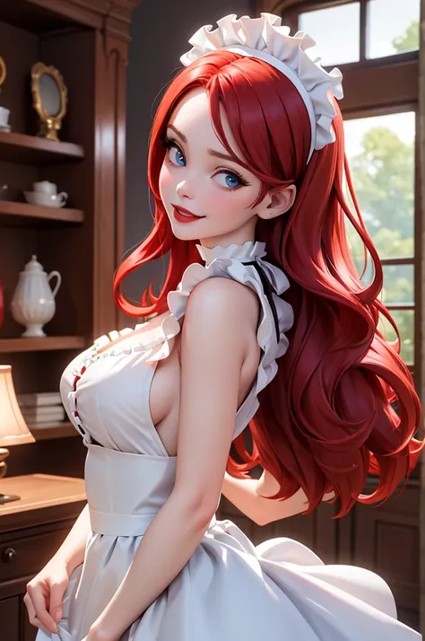 A pretty maid. best quality, masterpiece, red hair, sky blue eyes, wearing a steriotypical French maid outfit, (headdress、white blouse、black ribbon、White Apron、ruffle skirt、puff sleeves、collar、choker、apron with fine ruffles：1.3)、black maid costume). lookin...