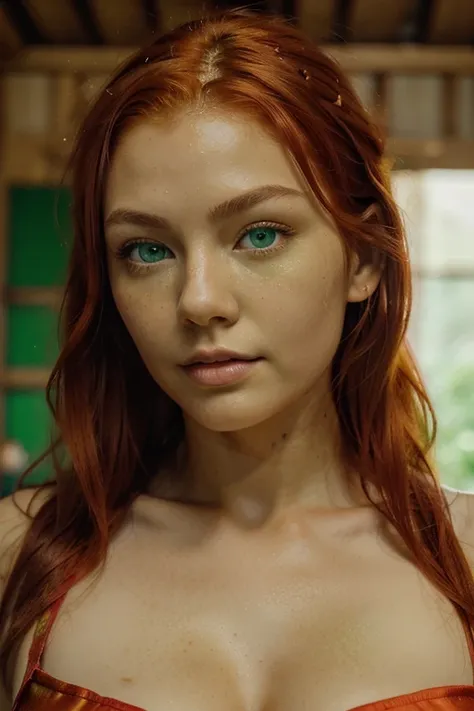 (close up portrait)) 20 year old girl, scottish japanise mix ((bright fiery red hair cascading like molten silk)), slender fit, athletic build . lightly tanned skin. (((bright green eyes))), ultra real, cinematic, high detail, ((no eyeshadow)) 