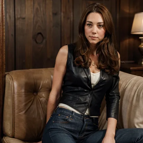 Kate Middleton dressed in a vest and leather jeans