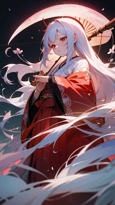 shrine maiden of ancient japanese shrine, pretty girl, kimono, long white hair, ruby red eyes, Princess, Kaguya, Haori, , Wield the shrine maiden&#39;s staff, summon spirits and ghosts, Ghosts and spirits fly around her, at night, very detailed, vivid appe...