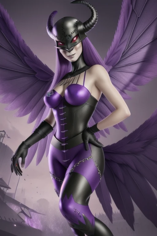 (Meisterwerk, Best quality),  Komplizierte Details, 8k, artstation, Hintergrund, Offizielle Kunst, Spritzkunst, Scharfer Fokus,
1girl,   Ladydevimon, (violette Haut:1.3), wings,