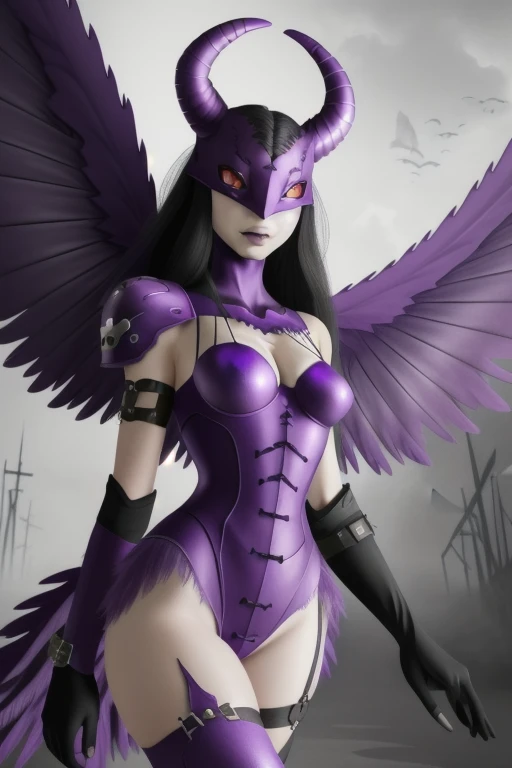 (Meisterwerk, Best quality),  Komplizierte Details, 8k, artstation, Hintergrund, Offizielle Kunst, Spritzkunst, Scharfer Fokus,
1girl,   Ladydevimon, (violette Haut:1.3), wings,