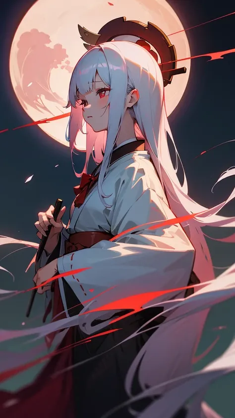 shrine maiden of ancient japanese shrine, pretty girl, kimono, long white hair, ruby red eyes, Princess, Kaguya, Haori, , Wield the shrine maiden&#39;s staff, summon spirits and ghosts, Ghosts and spirits fly around her, at night, very detailed, vivid appe...