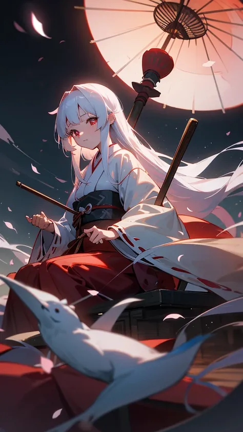 shrine maiden of ancient japanese shrine, pretty girl, kimono, long white hair, ruby red eyes, Princess, Kaguya, Haori, , Wield the shrine maiden&#39;s staff, summon spirits and ghosts, Ghosts and spirits fly around her, at night, very detailed, vivid appe...