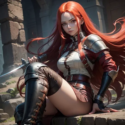 woman with red long hair. She wears leather boots, wide trousers that look like a skirt, a bright blouse and leather armor. She has a mischievous expression on her face and scars on her arms. She holds a sword in one hand, Her forearms are protected by lea...