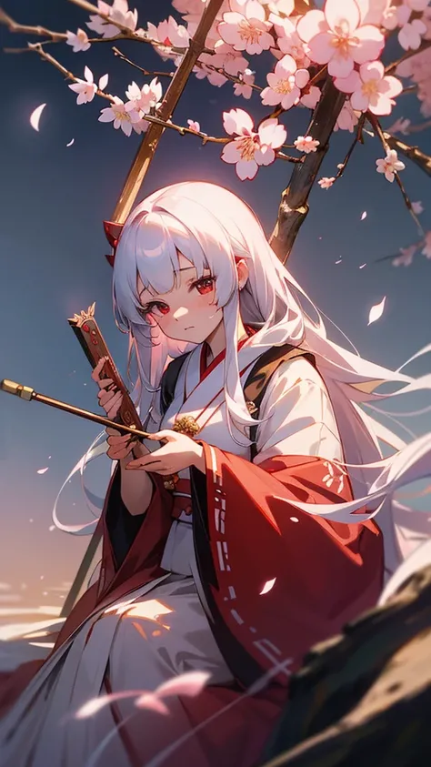 shrine maiden of ancient japanese shrine, pretty girl, kimono, long white hair, ruby red eyes, Princess, Kaguya, Haori, , Wield the shrine maiden&#39;s staff, summon spirits and ghosts, Ghosts and spirits fly around her, morning, blue sky,very detailed, vi...