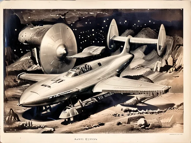 a spaceship slightly similar to the enterprise from star trek in a retro 1940 version, cor estilo technicolor anos 1950,monochro...