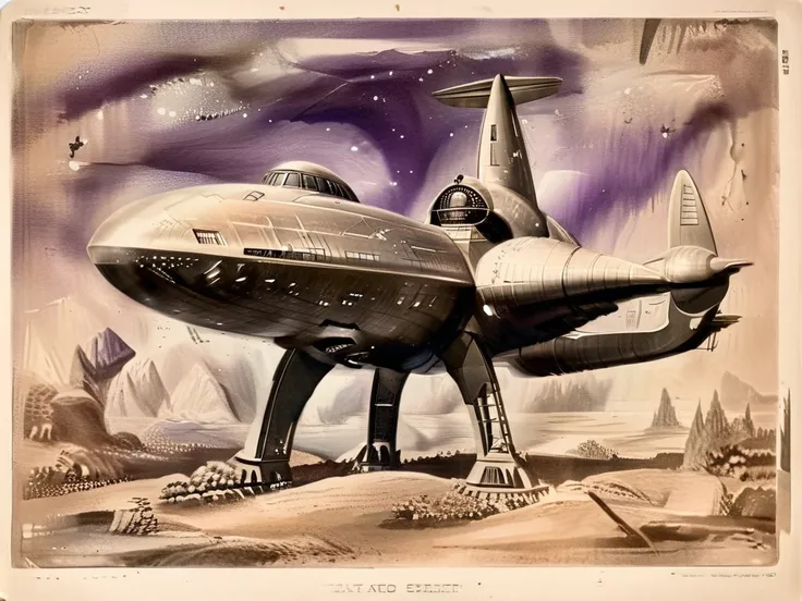 a spaceship slightly similar to the enterprise from star trek in a retro 1940 version, cor estilo technicolor anos 1950,monochro...