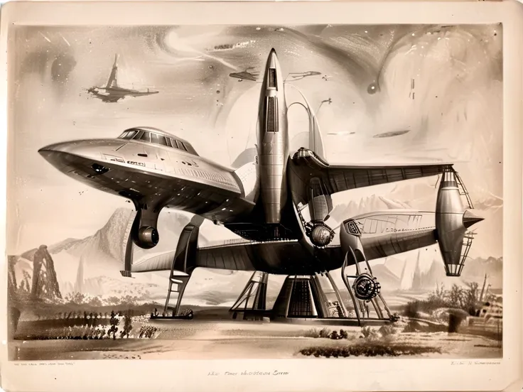 a spaceship slightly similar to the enterprise from star trek in a retro 1940 version, cor estilo technicolor anos 1950,monochro...