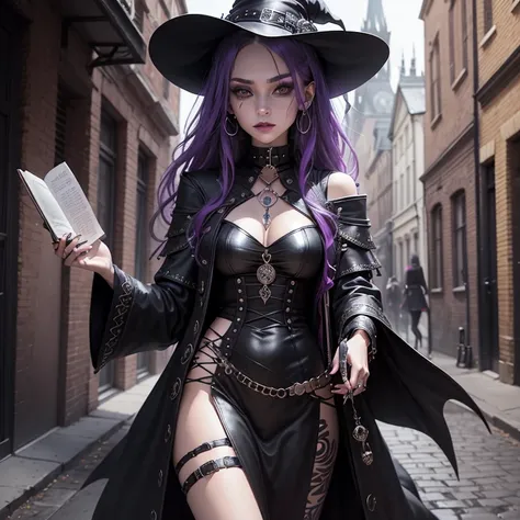 young enchanting witch, chaotic outfit with modern trends, bewitching allure, stylish sorceress, fusion of classic witchcraft and contemporary fashion, asymmetrical design, bold textures, layered garments, edgy streetwear elements, mystical jewelry, spell ...