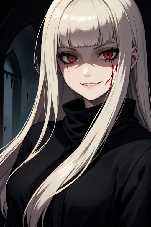 Pale, Creepy cultist, 19 year old woman, low dim lighting, dark chamber, night Time, smirk, blood on her face,