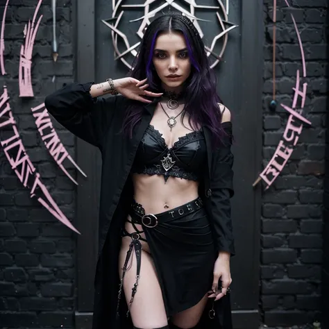 young enchanting witch, chaotic outfit with modern trends, bewitching allure, stylish sorceress, fusion of classic witchcraft and contemporary fashion, asymmetrical design, bold textures, layered garments, edgy streetwear elements, mystical jewelry, spell ...