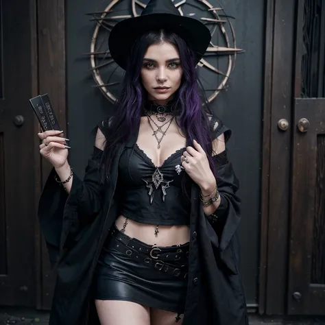 young enchanting witch, chaotic outfit with modern trends, bewitching allure, stylish sorceress, fusion of classic witchcraft and contemporary fashion, asymmetrical design, bold textures, layered garments, edgy streetwear elements, mystical jewelry, spell ...