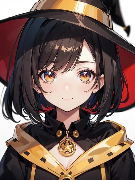 Witchs outfit, (dot nose), Anime-style portrait of a teen-ager girl with a deep violet bob cut, (Golden eyes), bright eyes, detailed eyes, eye contact with the camera, subtle smile, minimalistic background to emphasize character, high contrast, clean lines...