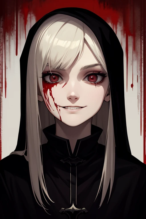 Pale, Creepy cultist, 19 year old woman, low dim lighting, dark chamber, night Time, smirk, blood on her face,