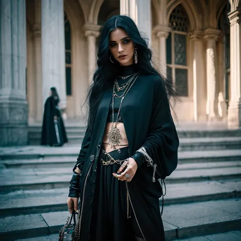 young enchanting witch, chaotic outfit with modern trends, bewitching allure, stylish sorceress, fusion of classic witchcraft and contemporary fashion, asymmetrical design, bold textures, layered garments, edgy streetwear elements, mystical jewelry, spell ...