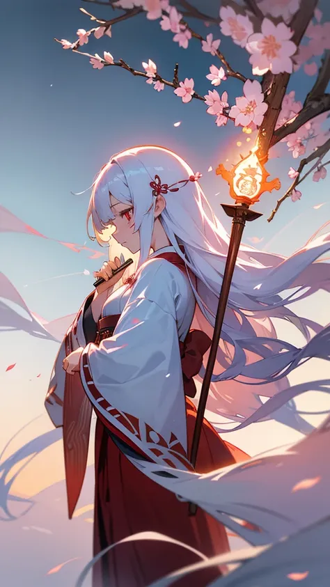 shrine maiden of ancient japanese shrine, pretty girl, kimono, long white hair, ruby red eyes, Princess, Kaguya, Haori, , Wield the shrine maiden&#39;s staff, summon spirits and ghosts, Ghosts and spirits fly around her, morning, blue sky,very detailed, vi...