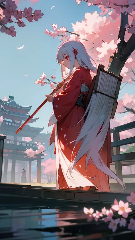 shrine maiden of ancient japanese shrine, pretty girl, kimono, long white hair, ruby red eyes, Princess, Kaguya, Haori, , Wield the shrine maiden&#39;s staff, summon spirits and ghosts, Ghosts and spirits fly around her, morning, blue sky,very detailed, vi...