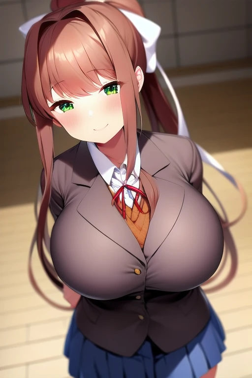 neck ribbon, Monika, bangs, very long hair, smile, long hair, arms behind back, looking at viewer, ponytail, shirt, half-closed eyes, hair bow, white bow, pleated skirt, brown hair, grey jacket, sidelocks, solo, blush, blue skirt, skirt, 1girl, gigantic br...