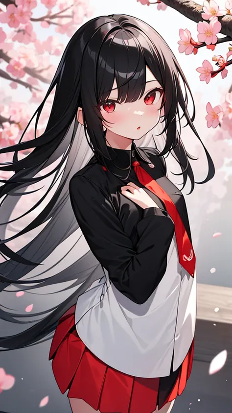 monochrome color, Red Art, grayscale、masterpiece、highest quality、best image quality、straight hair、droopy eyes、cute、black haired、red eyes、uniform、Wind、cherry blossoms