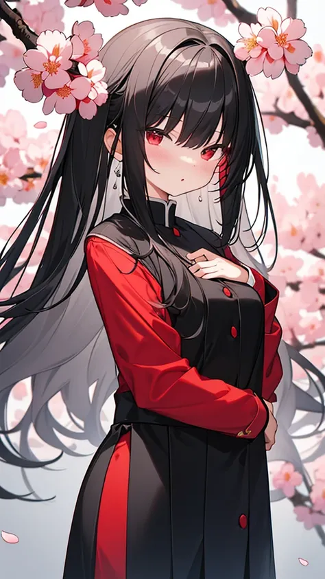 monochrome color, Red Art, grayscale、masterpiece、highest quality、best image quality、straight hair、droopy eyes、cute、black haired、red eyes、uniform、Wind、cherry blossoms