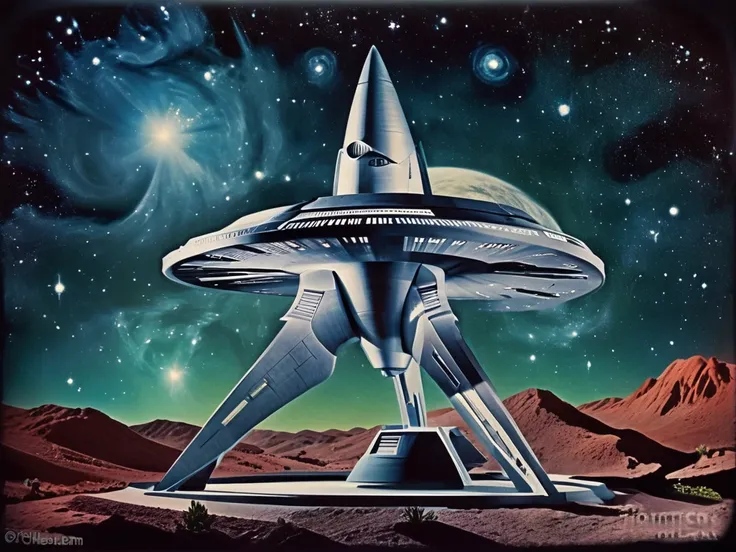 a spaceship slightly similar to the enterprise from star trek in a retro 1950 version, cor estilo technicolor anos 1950,fotograf...