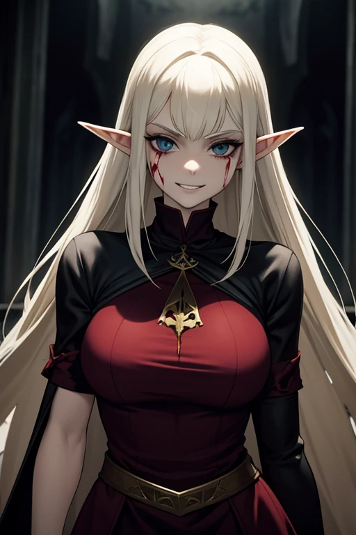 Pale, Creepy cultist, busty elf, low dim lighting, dark chamber, smirk, blood on her face,