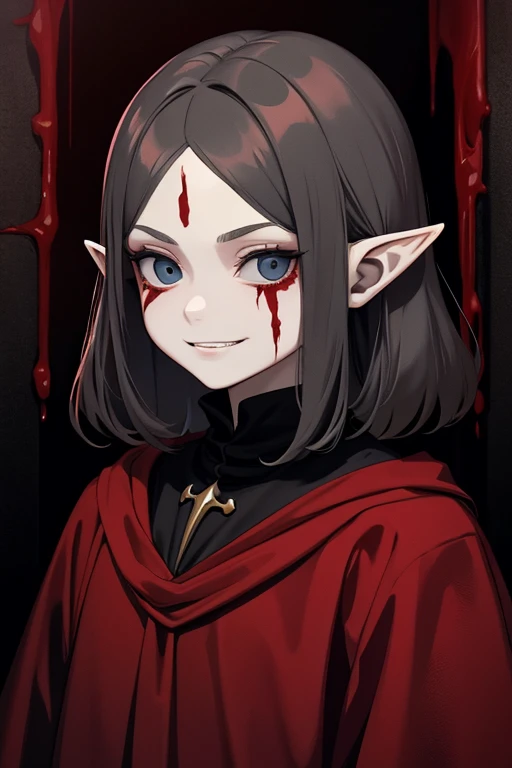 Pale, Creepy cultist, 10 Year old, elf kid, low dim lighting, dark chamber, smirk, blood on her face,