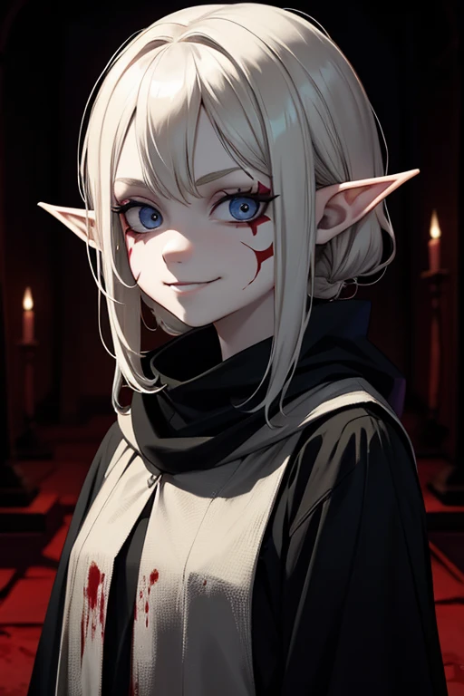 Pale, Creepy cultist, 10 Year old, elf kid, low dim lighting, dark chamber, smirk, blood on her face, cultist markings,