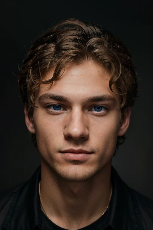 A realistic 18 years old young man with a distinguished look is captured in this image. He has curly blonde hairstyle and is wearing a black shirt. The mans face is highlighted, showcasing his well-defined features. He exudes a sense of wisdom and experien...