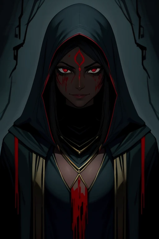 Dark skin, Creepy cultist, dark elf, low dim lighting, dark chamber, smirk, blood on her face,