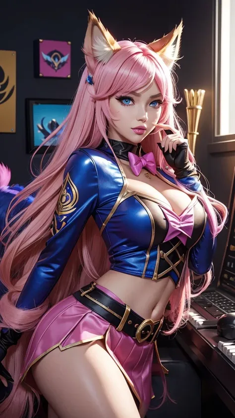 game character (k/da all out ahri), ahri (league of legends), from league of legends, teenage girl, animal ears, solo, fox ears, long hair, blonde hair, handshake, blue eyes, idol, face mask, looking at viewer, gloves, pink hair, fingerless gloves, whisker...