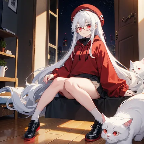 16 year old girl，long white hair，White cat ears，red eyes，red beret，Black-rimmed glasses，Red sweatshirt，black skirt，white socks，black leather shoes 