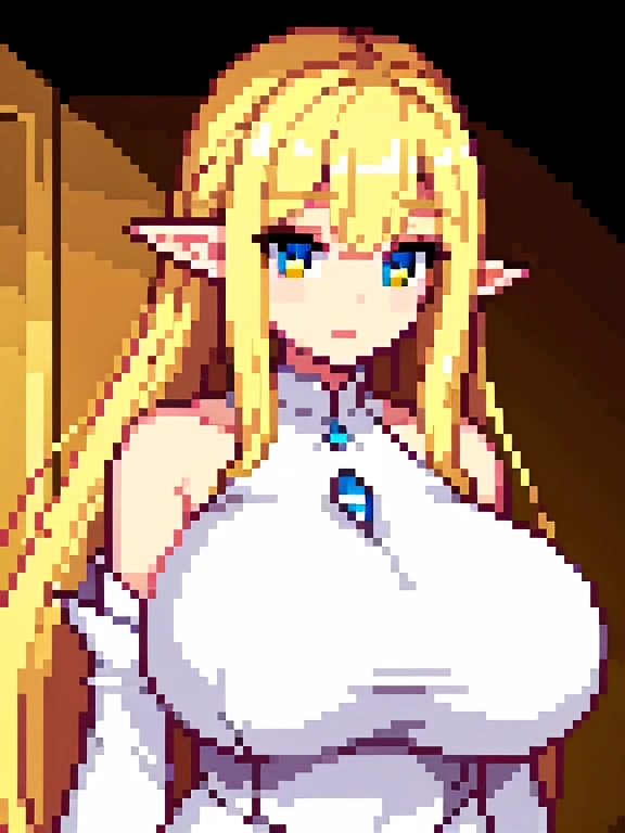 Elf, very big breast,blonde hair,white dress, yellow eye