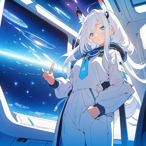 （（best qualtiy））， （（tmasterpiece））， （（ultra - detailed））， （illustratio）， （Detailed light）， （Extremely refined and beautiful）， （（A cute girl with rabbit ears sits inside a spaceship and looks out the window：1.2）），（（cowboy lens））， standing on your feet， Styl...