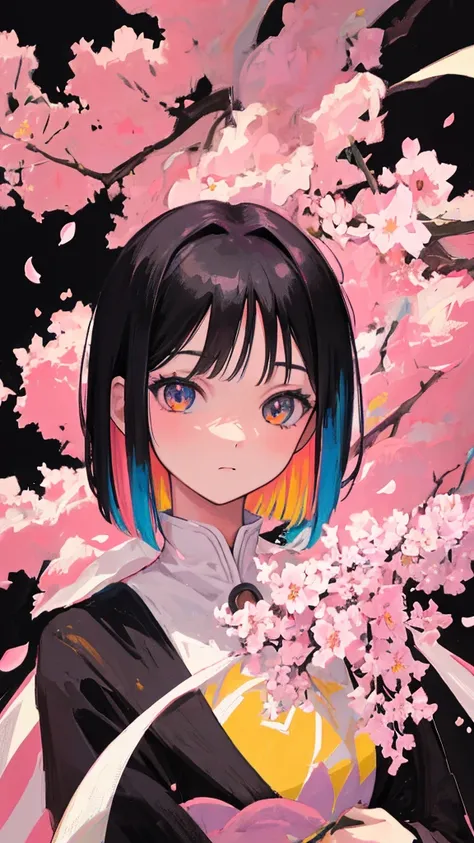 (shape: giant gram), (flat color:0.9),(colorful:1.1),(masterpiece:1,2), highest quality, masterpiece, High resolution, original, highly detailed wallpaper, looking at the viewer,1 girl,alone,portrait,cherry blossoms,black hair,short bob