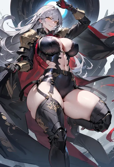 (masterpiece), (best quality:1.4), (perfect anatomy:1.4), high quality, expressive eyes, full body, detailed face, beautiful face, perfect face, 1 girl, breasts, gloves, (large breasts), military uniform, black jacket, jacket, very long hair, ({pale skin})...