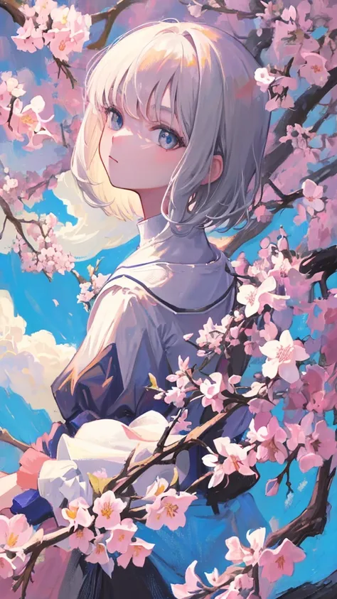 (shape: giant gram), (flat color:0.9),(colorful:1.1),(masterpiece:1,2), highest quality, masterpiece, High resolution, original, highly detailed wallpaper, looking at the viewer,1 girl,alone,portrait,cherry blossoms,gray hair,short bob