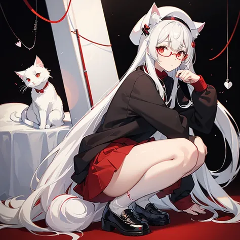 16 year old girl，long white hair，White cat ears，red eyes，red beret，Black-rimmed glasses，Red sweatshirt，black skirt，white socks，black leather shoes 