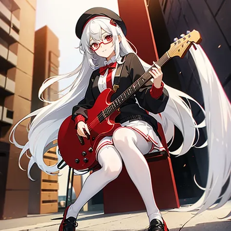 16-year-old girl with long white hair, white cat ears, red eyes, red beret, black frame glasses, red sweater, black skirt, white socks, black leather shoes, holding a guitar