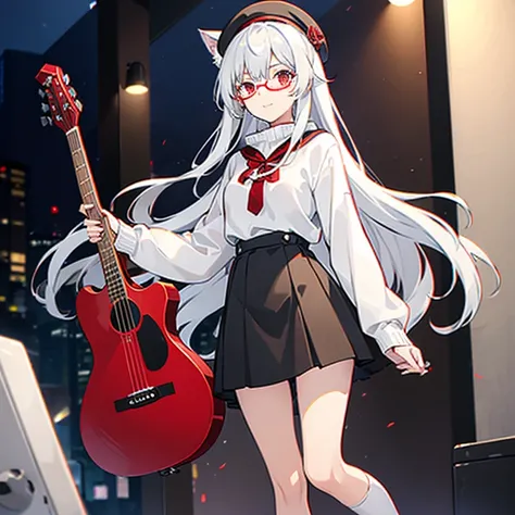 16-year-old girl with long white hair, white cat ears, red eyes, red beret, black frame glasses, red sweater, black skirt, white socks, black leather shoes, holding a guitar