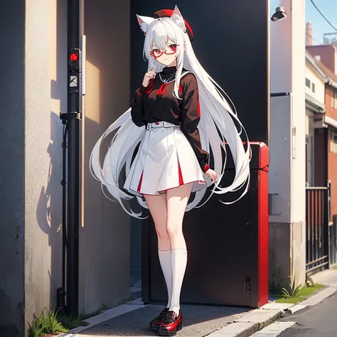 16-year-old girl with long white hair, white cat ears, red eyes, red beret, black frame glasses, red sweater, black skirt, white socks, black leather shoes, standing on the street with a guitar