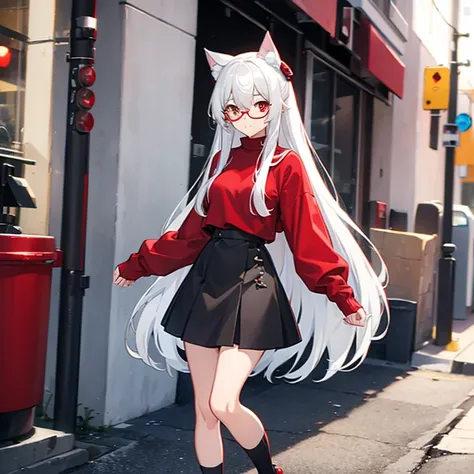 16-year-old girl with long white hair, white cat ears, red eyes, red beret, black frame glasses, red sweater, black skirt, white socks, black leather shoes, standing on the street with a guitar