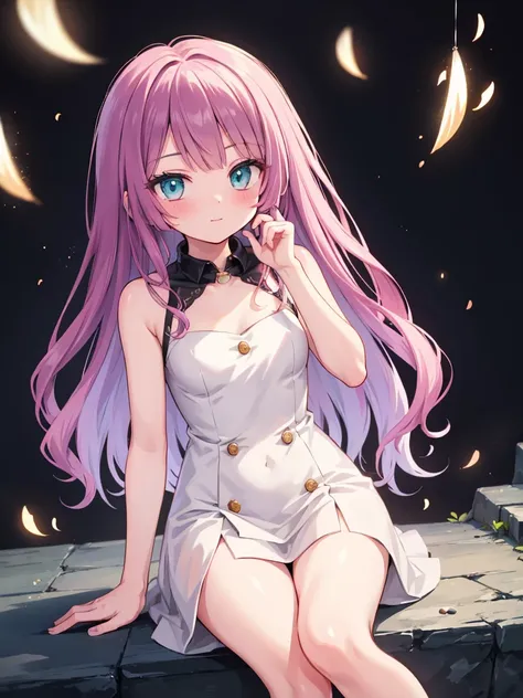 masterpiece, beautiful illustrations, highest quality, Anime-style female characters、big, Expressive turquoise eyes and long, Wavy, shoulder-length lavender hair. She is pale and delicate, A little blush on her face, soft smile. her clothes are、High collar...