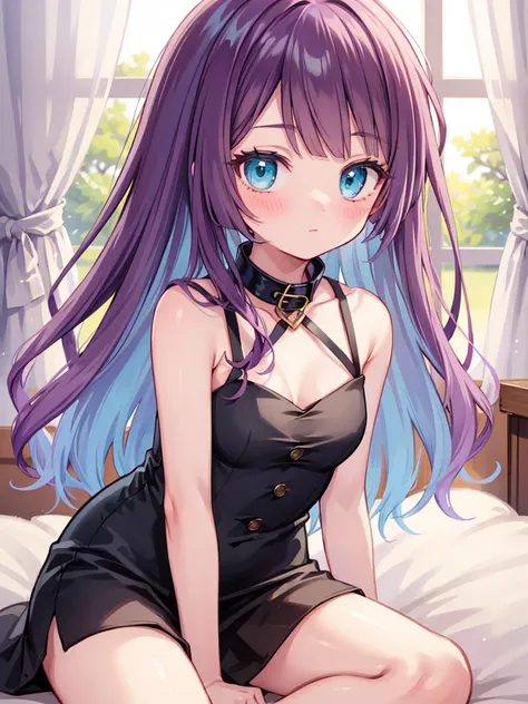 masterpiece, beautiful illustrations, highest quality, Anime-style female characters、big, Expressive turquoise eyes and long, Wavy, shoulder-length lavender hair. She is pale and delicate, A little blush on her face, soft smile. her clothes are、High collar...