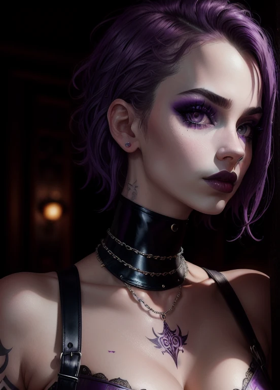 Punk trad goth subculture gothic nerd Girl trad goth makeup punk post punk,a woman in latex, latex brassiere, chain, 18 year old, pale skin, purple hair, purple eyes, sexy expression, in a pub , camera focus on the face, dim light, tattoo, best quality, ul...