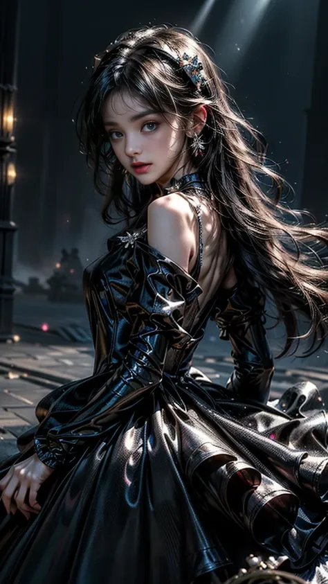 8K, ultra hd, masterpiece, 1 girl, (innocent face:1.4), detailed eyes, very long hair,soft makeup, impressive hairstyle, earings, necklace, medium breasts, (black dress:1.5), (fantasy dress:1.5) Light-colored foundation brings out the transparency of the s...