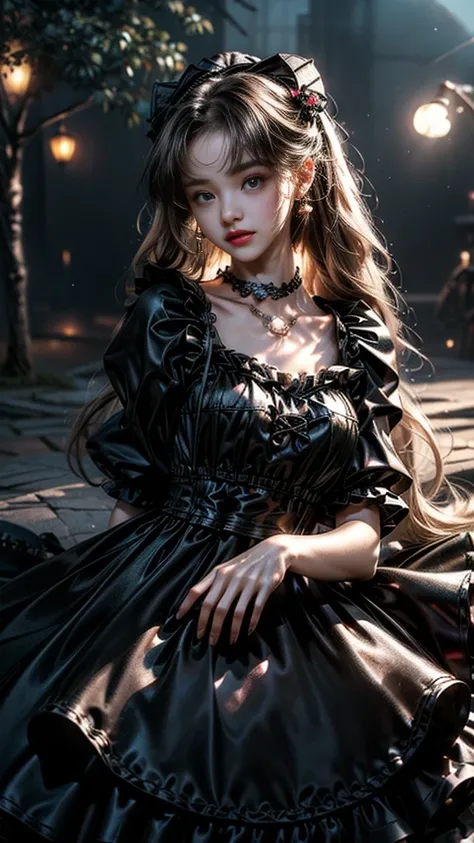 8K, ultra hd, masterpiece, 1 girl, (innocent face:1.4), detailed eyes, very long hair,soft makeup, impressive hairstyle, earings, necklace, medium breasts, (black dress:1.5), (Lolita dress:1.5) Light-colored foundation brings out the transparency of the sk...